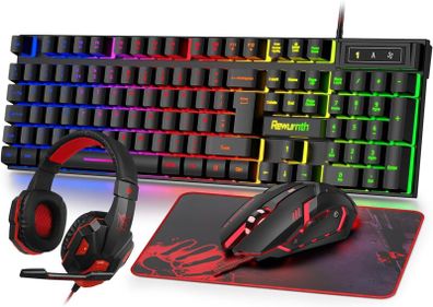 Gaming Keyboard and Mouse Set with Headset, UK Layout, RGB Backlit Wired Keyboard, Ergonomic 4-Color LED Gaming Mouse, Over-Ear Headphones, Large Mousepad, USB Plug & Play for PC Mac PS5 Xbox
