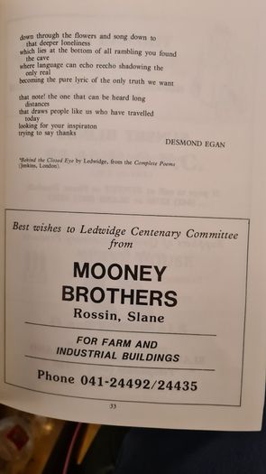 Francis Ledwidge Centenary 1887-1987. Booklet In Good Condition.