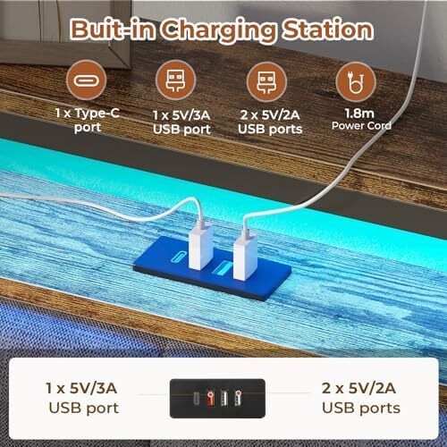 King Size Bed Frame with LED Lights & Charging Station Upholstered Storage Headboard/Under Bed Storage