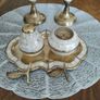 Vintage Mother Of Pearl Salt & Pepper Shakers On Brass Tray With Mop Candle Holders Image 3