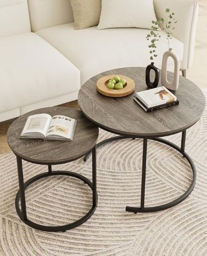 Removable Set of 2 End Table, Nesting Tables with Black Metal Frame Legs and Wooden Grey Top for Living Room, Bedroom, Office, Balcony, Apartment Grey