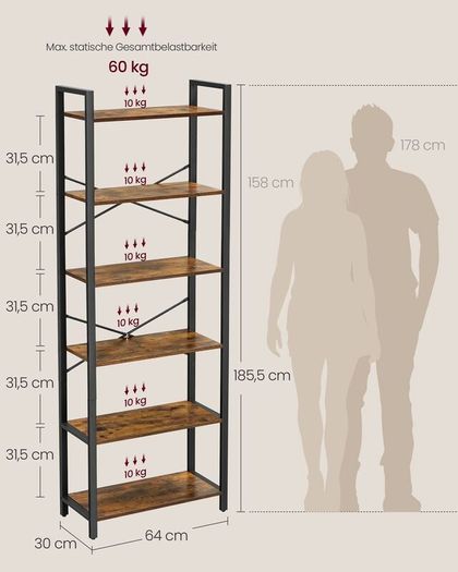 Bookcase with 6 levels and steel 6 Tier Bookcase Steel Frame Freestanding Shelf Living Room Bedroom Study ndustrial Design