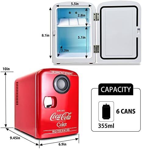 Coca-Cola Mini Fridges for Bedrooms 4L Quiet Small 6 Can Table Top Fridge Portable Retro Cooler Warmer with Built-In Bluetooth Wireless Speaker For Drinks