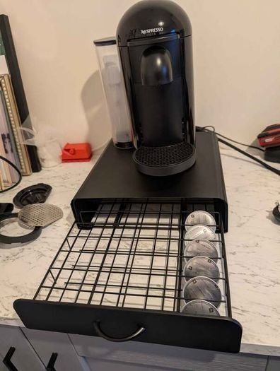 Nespresso Vertuo Black with coffee pods & shelf