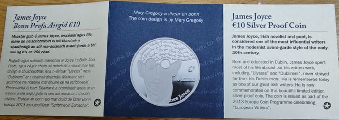 MINT ERROR - Central Bank of Ireland 10 Euro Silver Proof 2013. Mint Error. Unc. James Joyce.
