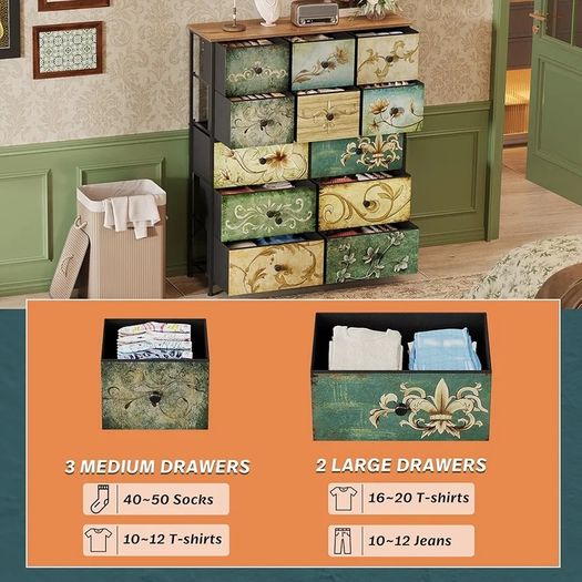 Fabric Chest of Drawers, Vintage 12 Drawer Tall Dresser with Floral Print, Rustic Boho Style Dresser Storage Cabinet for Bedroom, Hallway, Living Room