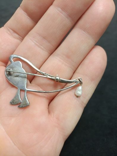 Pat Cheney for Malcolm Gray Modernist Silver and Enamel With Pearl Drop Brooch