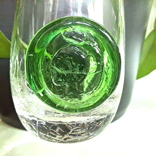 Clear Crackle Shot Glass with Applied Green Glass Medallion