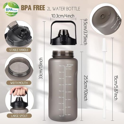 Sports Water Bottles 2L BPA Free, Motivational Drinking Water Bottle with Straw, Gym Water Bottle with Time Marking, Portable Leak Proof Cantee Bottle 2 Liter Water Jug for Women Men