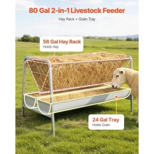 Livestock Hay Feeder, 2 in 1 Grain & Hay Feeder, 300L Capacity, 147 cm Long Goat Pasture Feeding with Deeper Feeding Pan, Heavy Duty Steel Grain Holder for Sheep Sheds, Farms, Horse Barns, Yards