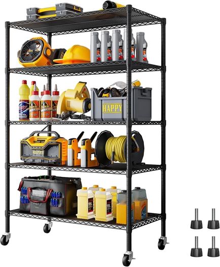 Heavy Duty Garage Shelving Unit - 182.9x91.3x45.7 cm - Adjustable Wire Shelving Unit Storage Shelves with Wheels, 5 Tier, Black