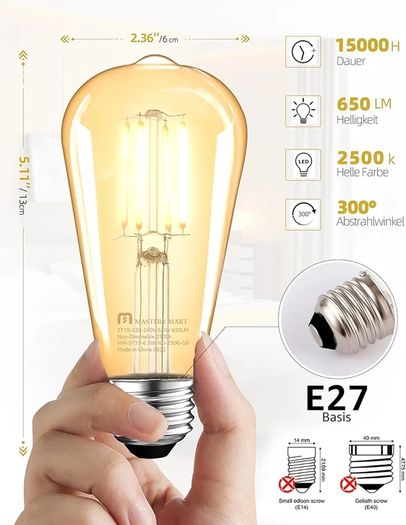 E27 Vintage Light Bulbs, Non-Dimmable, 2500K Warm White, 6.5W 60W Equivalent, Retro Amber Glass ST64 Filament LED Bulb, Edison Screw Cap, 15000Hours, 650 Lumens, Pack of 6