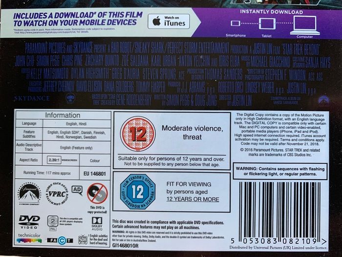 Star Trek: Beyond [2016] Chris Pine, Zachary Quinto, Simon Pegg, John Cho, Anton Yelchin, Idris Elba, Sofia Boutella & Karl Urban [Movie DVD]