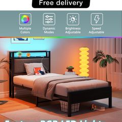 3ft Single Bed Frame with Storage Headboard,LED Lights,Metal