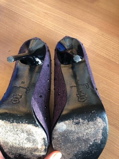 designer bourne stilettos purple tweed peep toe with black rhinestones and patent detail