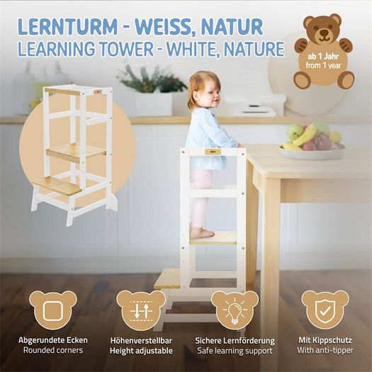 Learning tower for children from 1 year with height adjustable platform made of wood