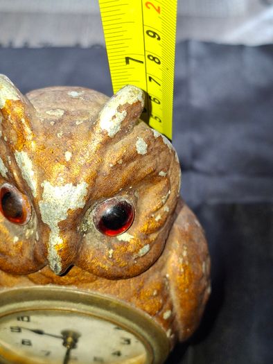 Rare Antique Cold Painted Bronze Clock in form of an Owl. The decorative dial sits in the owls belly and has wind up movement,