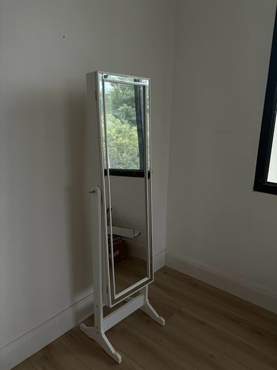 freestanding white jewelry cabinet mirror