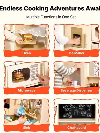 Wooden Kids Play Kitchen with Lights and Sounds Cream