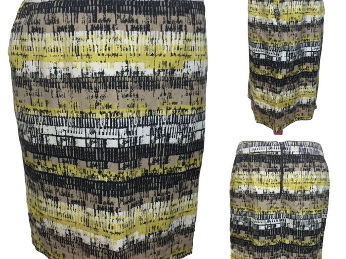 M&S Yellow Multi Geometric Print Linen Blend  Pencil Skirt Pockets Lined  Uk 14