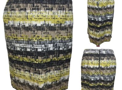 M&S Yellow Multi Geometric Print Linen Blend  Pencil Skirt Pockets Lined  Uk 14