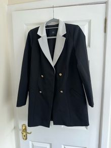 River Island Women's Black with White Trim Double Breasted Longline Coat/ Blazer - Size 8