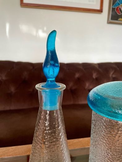 Set of Glass Genie Bottles with Turquoise Blue Flame Stoppers and Tall Containers with Mushroom Lids MCM Retro