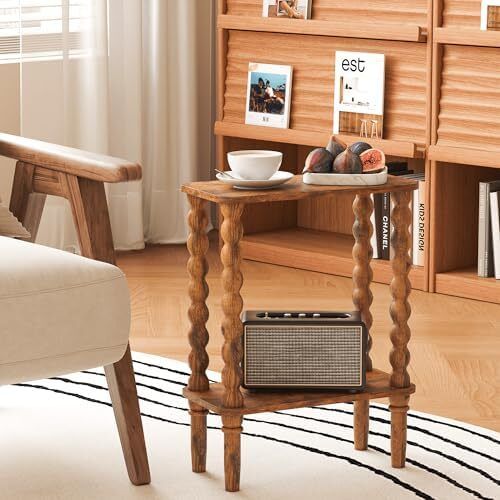 2-Tier Wooden Side Table, Narrow Nightstand with Open Wood Shelf, Bedside Table for Small Spaces, Bedroom, Living Room, Accent End Table with Solid Wood Legs Rustic Brown