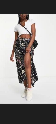 Asos design floral polka dot skirt with buttons and pockets
