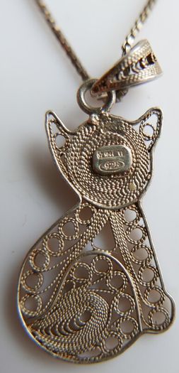 Vintage Sterling Silver 925 Cat Pendant and Sterling Chain length 16" - 2,95g