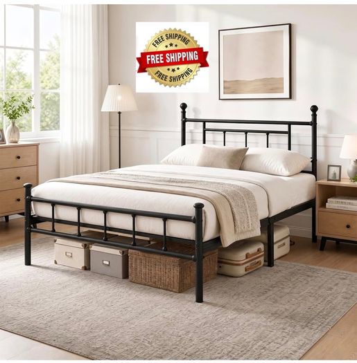 4ft6 Double Bed Frame Heavy Duty Steel Bed with Headboard and Footboard Black Metal Slat Support and 32cm Underbed Storage Space Easy Assembly, No Box Spring Needed, Platform Noise-Free