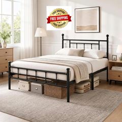 4ft6 Double Bed Frame Heavy Duty Steel Bed with Headboard and Footboard Black Metal Slat Support and 32cm Underbed Storage Space Easy Assembly, No Box Spring Needed, Platform Noise-Free