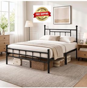 4ft6 Double Bed Frame Heavy Duty Steel Bed with Headboard and Footboard Black Metal Slat Support and 32cm Underbed Storage Space Easy Assembly, No Box Spring Needed, Platform Noise-Free
