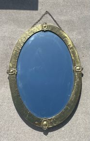 Vintage copper arts and crafts style framed mirror with original chain