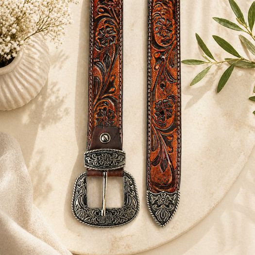Luxury Handcrafted Genuine Leather Belt Vintage Floral Embossed Brown Leather Casual & Western Style Belt