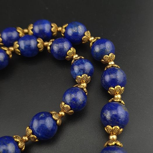 Vintage Blue Lapis Lazuli & Brass Beads Gemstone Necklace
