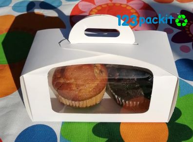 Lot of 10 Double White Cupcake boxes with clear window and tag perfect for muffins and cupcakes