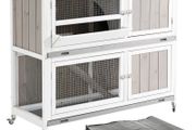 Wooden Rabbit Hutch Two Tier Guinea Pig Cage Elevated Multi-Door Pet House Bunny Cage w/ Rain Cover, Wheels, Trough, Ramp, Slide-Out Tray (FREE POSTAGE)