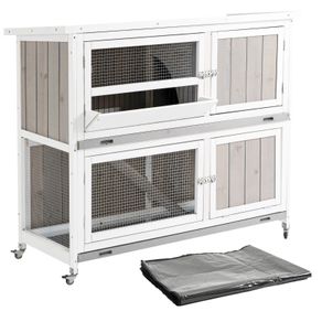 Wooden Rabbit Hutch Two Tier Guinea Pig Cage Elevated Multi-Door Pet House Bunny Cage w/ Rain Cover, Wheels, Trough, Ramp, Slide-Out Tray (FREE POSTAGE)