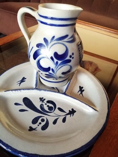 Set of Two Vintage German Salt Glazed stoneware Jugs and a French Fondue or Nibbles Plate.