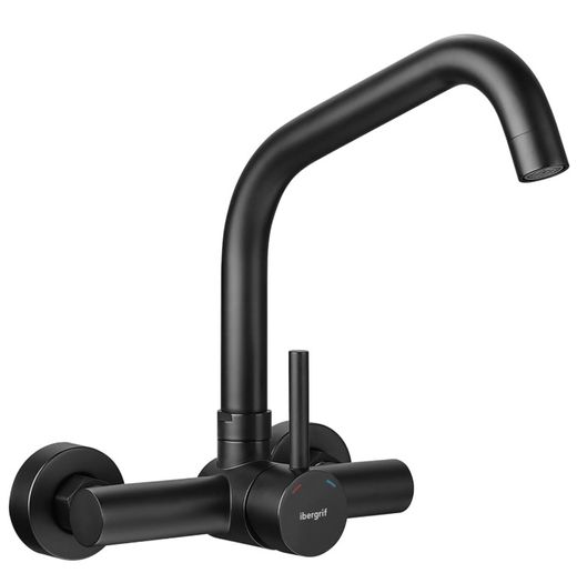 Ibergrif Kitchen Tap Wall Mounted 360 Rotation - Mixer Tap with Adjustable Mounting Hole Tap Kitchen Wall Tap Sink Black