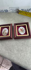 RARE Vintage Ceramic Bird Pair - Framed on Velvet - Gallery Wall Art  mounted on velvet-lined backing within wood  small frames