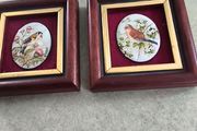 RARE Vintage Ceramic Bird Pair - Framed on Velvet - Gallery Wall Art  mounted on velvet-lined backing within wood  small frames