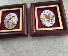 RARE Vintage Ceramic Bird Pair - Framed on Velvet - Gallery Wall Art  mounted on velvet-lined backing within wood  small frames
