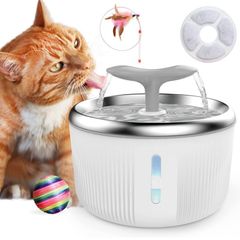 Cat Water Fountain 2L Stainless Steel, Automatic Pet Water Fountain Super Quiet with 2 Pet Toys/Filter/LED Water Level Window, Automatic Drinking Water Bowl for Multiple Pets (FREE POSTAGE)
