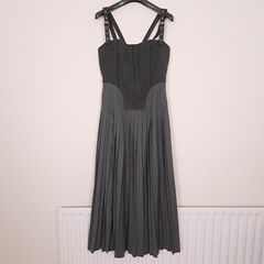 Zara Charcoal Dark Grey Pleated Corset-Style Strap Midi Dress Size L