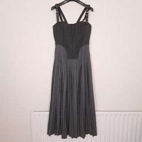 Zara Charcoal Dark Grey Pleated Corset-Style Strap Midi Dress Size L