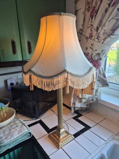 Tall lamp Vintage Gold metal Neoclassical  column lamp with silk called fringed tassled shade