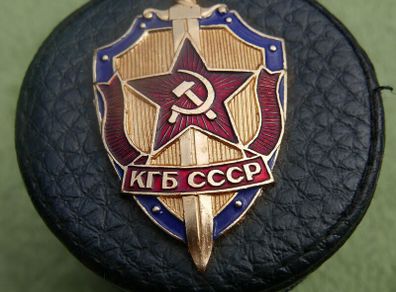 Russian Vodka Shot Glasses Set & Case with Metal KGB USSR Badge