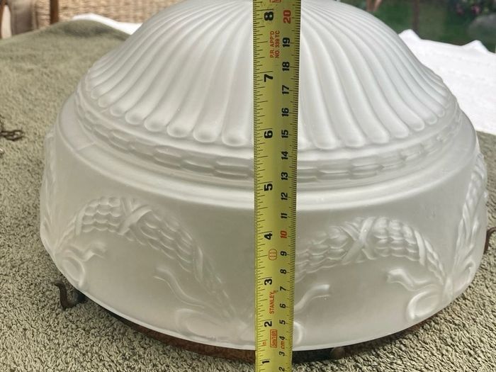 Vintage Art Deco Fluted White Opaque Glass and Copper Ceiling Light